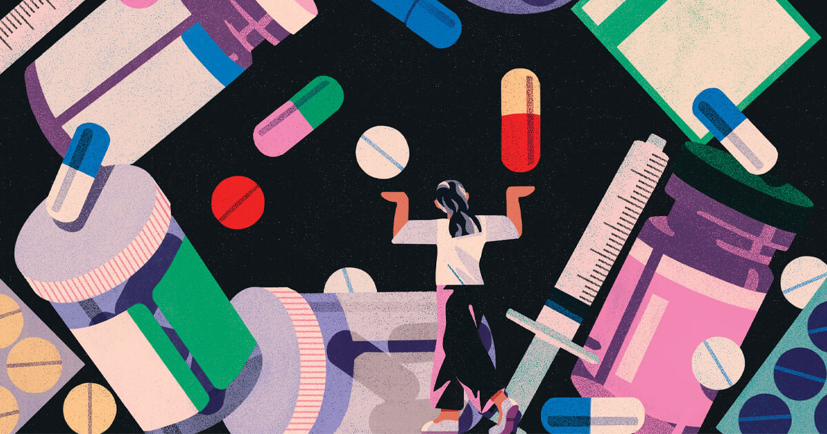 Illustration of a person surrounded by oversized pills, bottles, and syringes, symbolizing the complexity and challenges of managing multiple medications (polypharmacy).