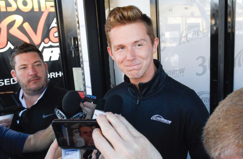 Matt Tifft speaking to reporters about his epilepsy diagnosis at a racetrack