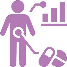 Medical data icon showing human body, chart, and pills