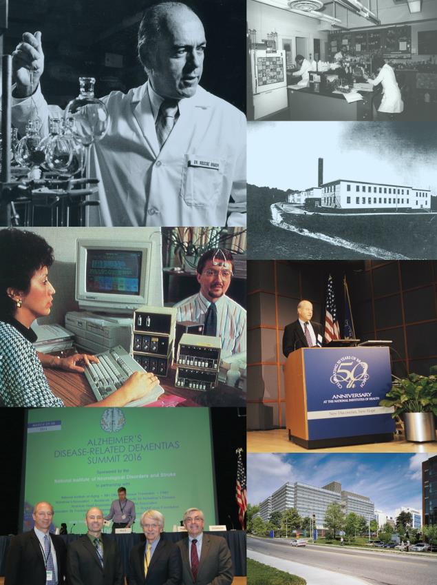 NINDS history and research milestones collage featuring historic labs, landmark discoveries, anniversary celebrations, and modern neuroscience research