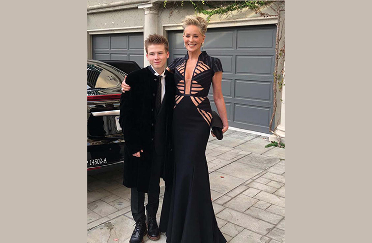 Sharon Stone posing with her son Roan before the Golden Globes in 2018.