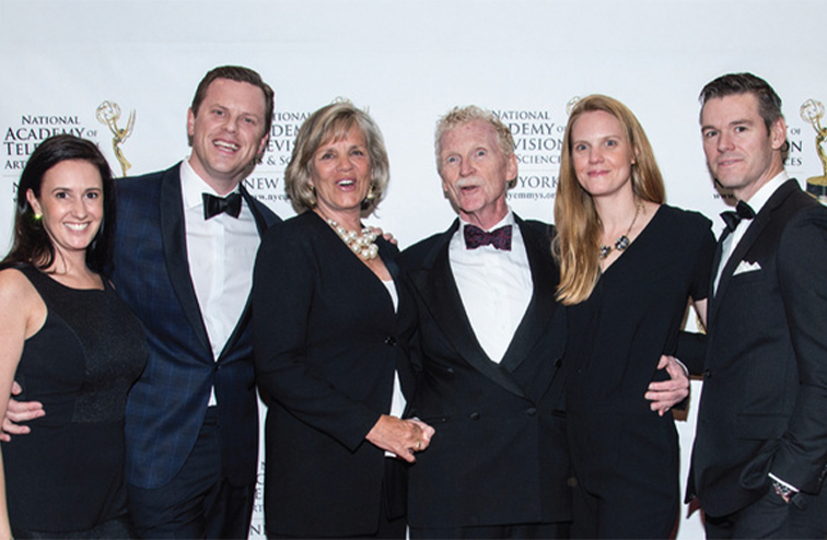 Pictured, Christina and Willie Geist, Jody and Bill Geist, Libby Geist and Kevin Wildes. The whole family poses for a picture on the red carpet of the 2016 Emmy Awards.