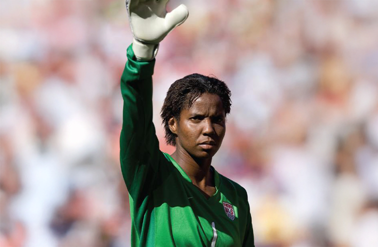 A serious looking Scurry, sporting her goal keeper attire on the field for the 2007 Olympics in China