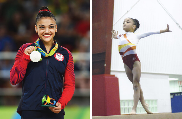 Laurie Hernandez competing in gymnastics event at the 2016 Olympics and as a child.