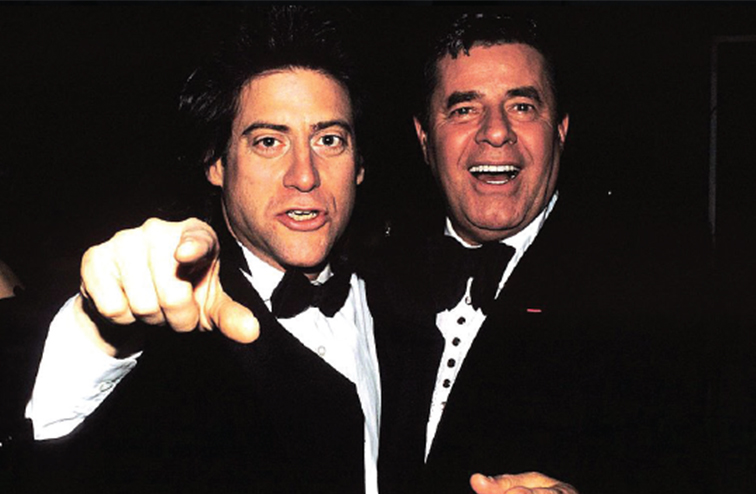 Richard Lewis, and Jerry Lewis wearing tuxedos in 1991.