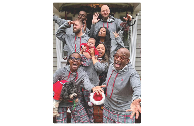 Bottom to top, left to right: Roberts, Pepper, and Roker; Roberts' stepdaughter Courtney with daughter, Sky; Sky's father, Roberts' daughter, Leila; Roberts' son, Nick, Leila's boyfriend.