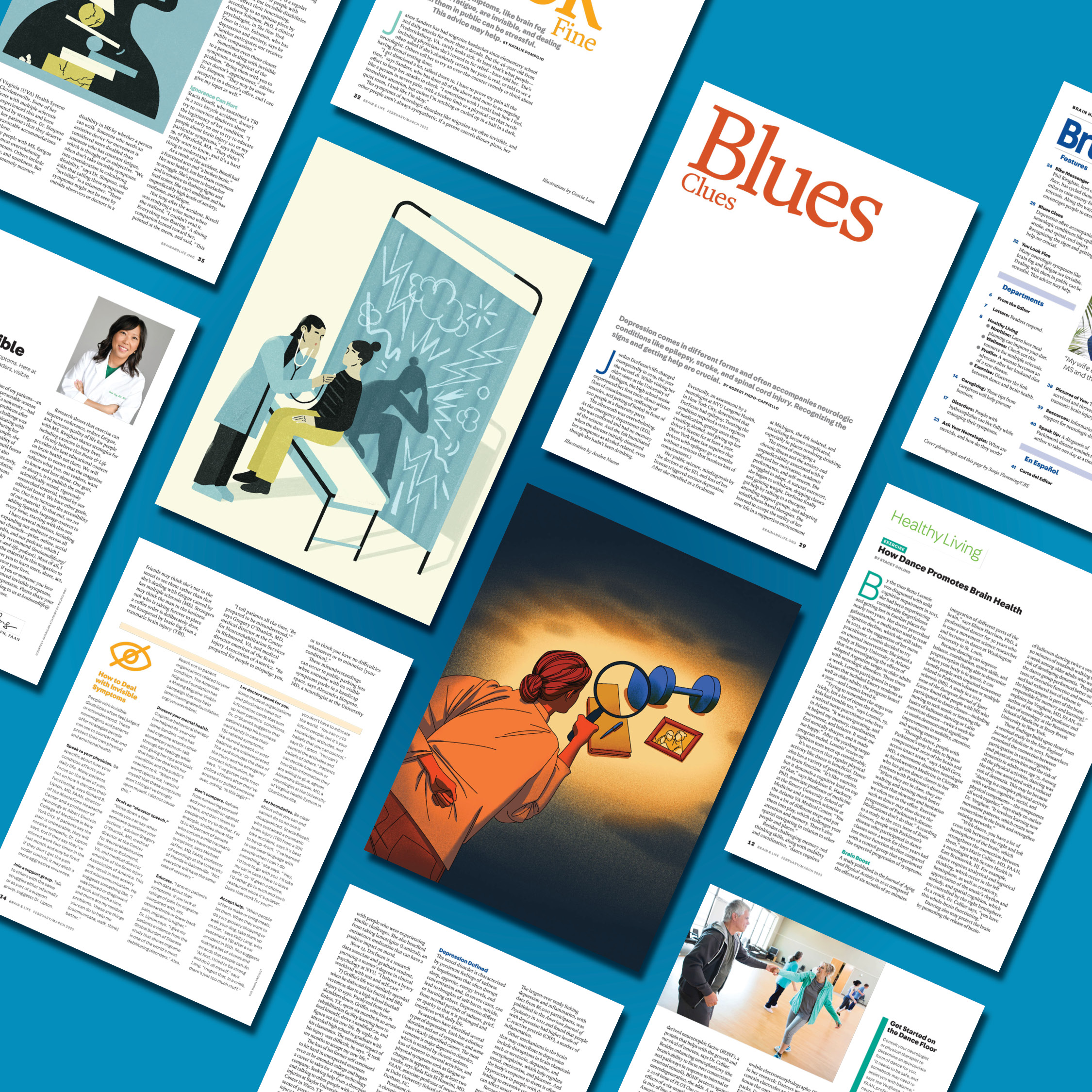 Illustration of several Brain & Life magazine articles laid out diagonally with a blue background
