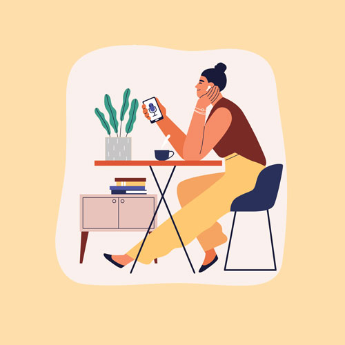 Illustration of a person sitting at a desk listening to headphones