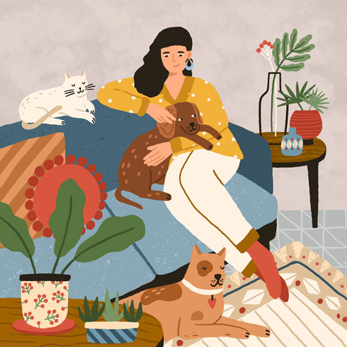 Illustration of a woman sitting on a couch surrounded by pets