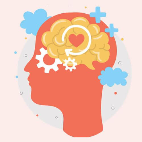 Illustration of a human head in profile with a stylized brain inside, containing a heart, arrows, and gears, symbolizing emotional intelligence and mental health; surrounded by clouds and plus signs to represent positivity and wellness.