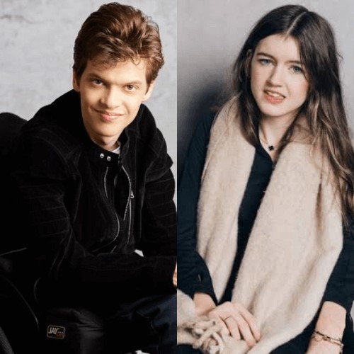 Side-by-side portraits of actors Micah Fowler and Phoebe-Rae Taylor, both seated and smiling.