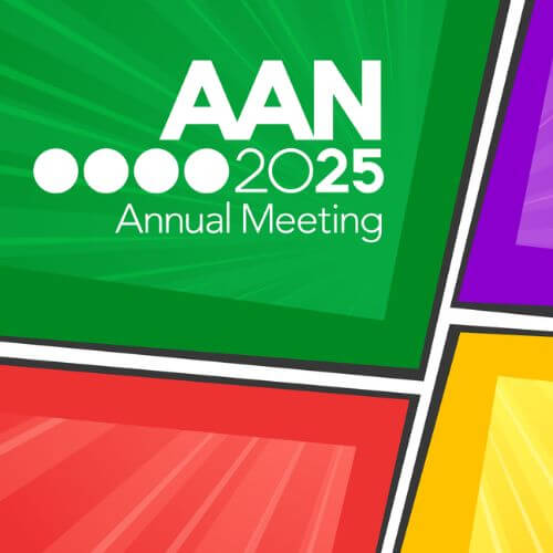 AAN 2025 Annual Meeting logo on a colorful background with green, red, yellow, and purple panels