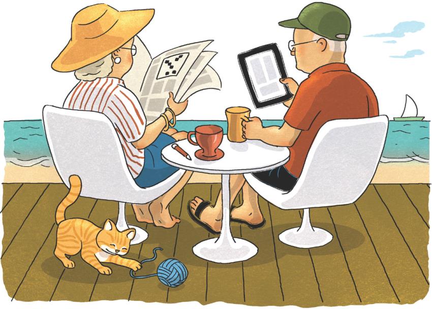 Couple reading together on their deck