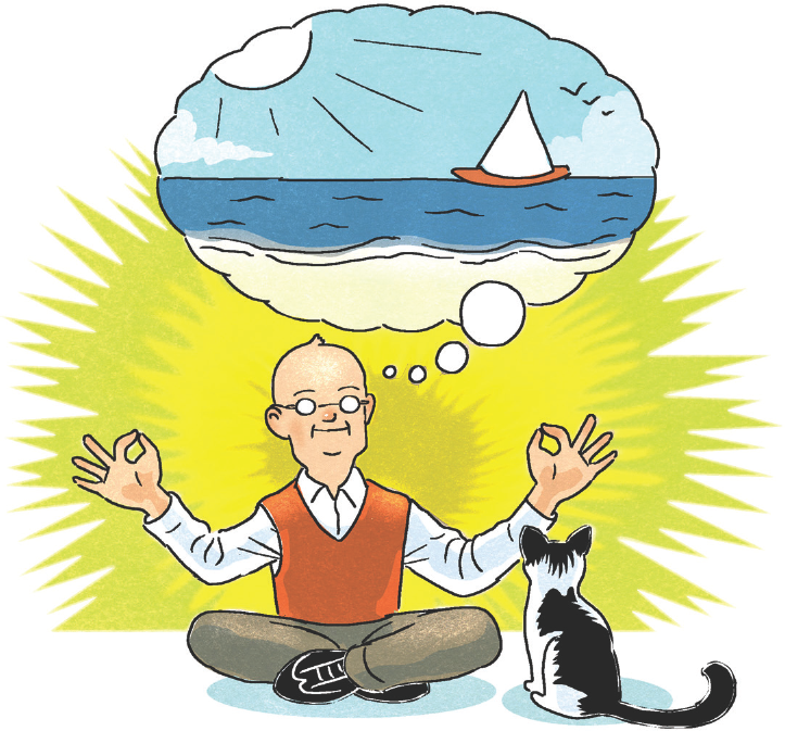 Man meditating while sitting next to his cat