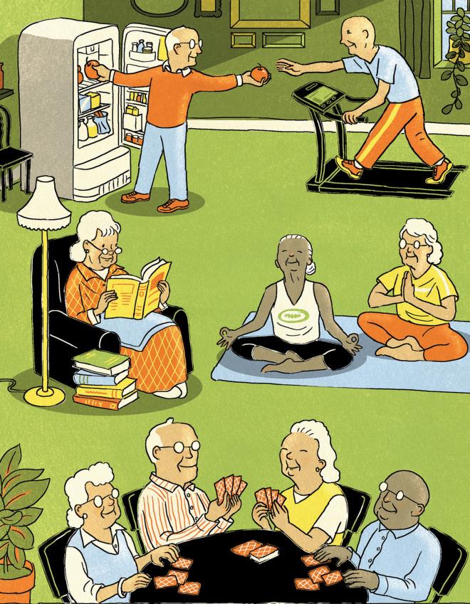 Illustration of older people practicing wellness