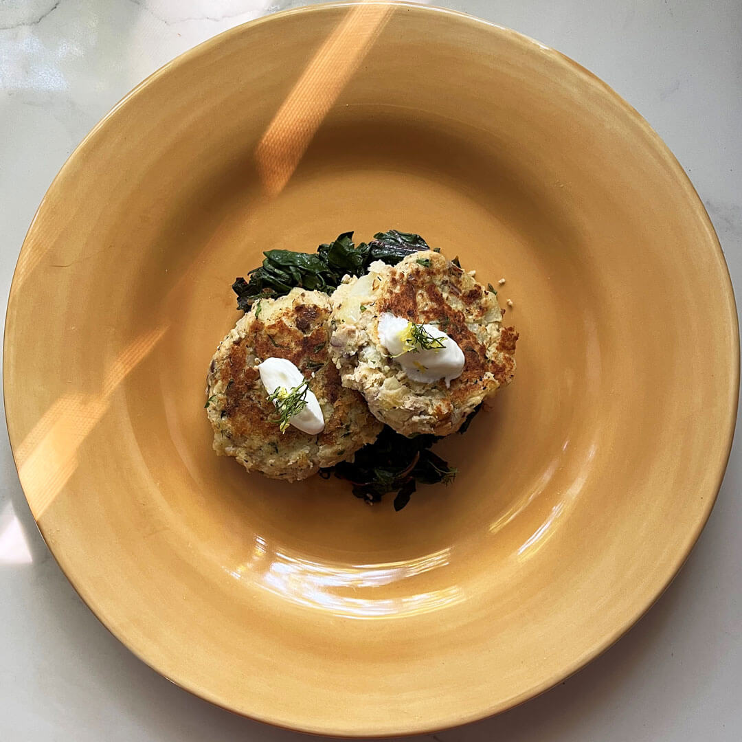 Salmon and Potato Cakes with Swiss Chard