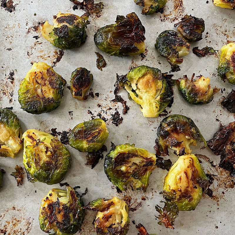 Smashed Olive Oil-Roasted Brussels Sprouts with Lemon-Mustard sauce