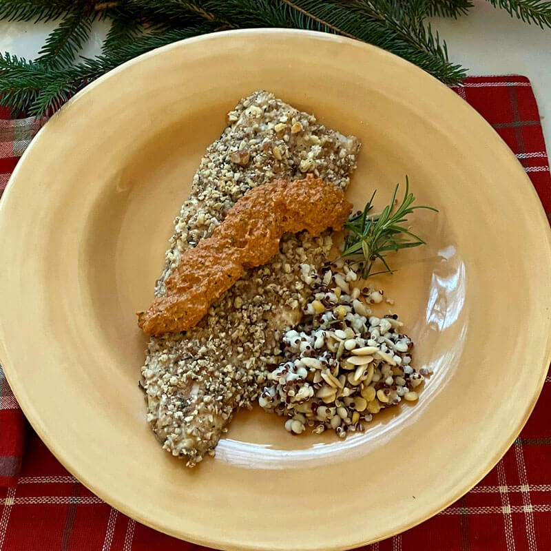 Rosemary and Walnut-Crusted Trout with Walnut Romesco Sauce